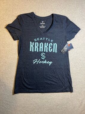 NWT Women’s Seattle Kraken Hockey V-neck Tee by Fanatics - Navy with Teal Logo